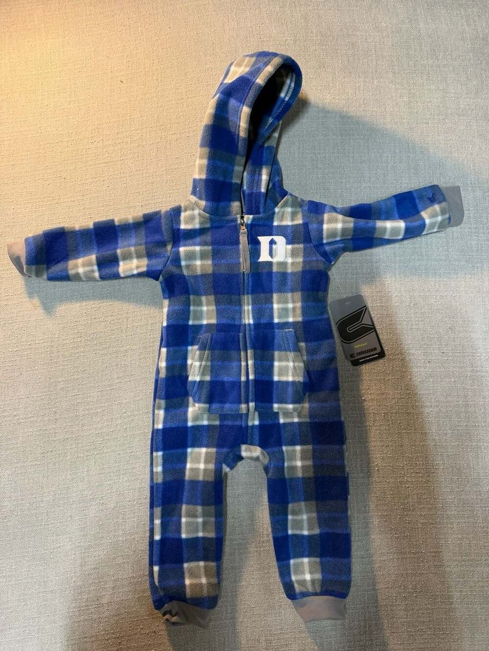 Colosseum Duke Blue Devils Infant Blue Plaid Hooded Fleece One Piece Romper